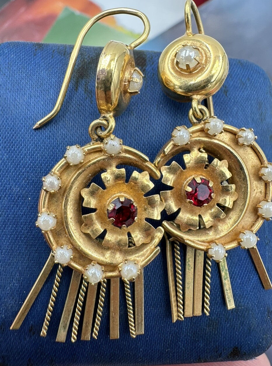 Orecchini pendenti vintage in oro 12 kt con paste vitree, anni '50–'60