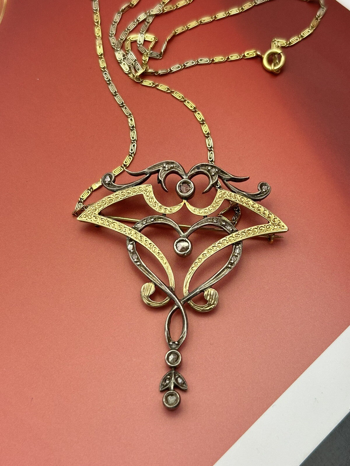 Collana con pendente-spilla antico in oro 12 kt, argento e diamanti, primi '900 – foto 6