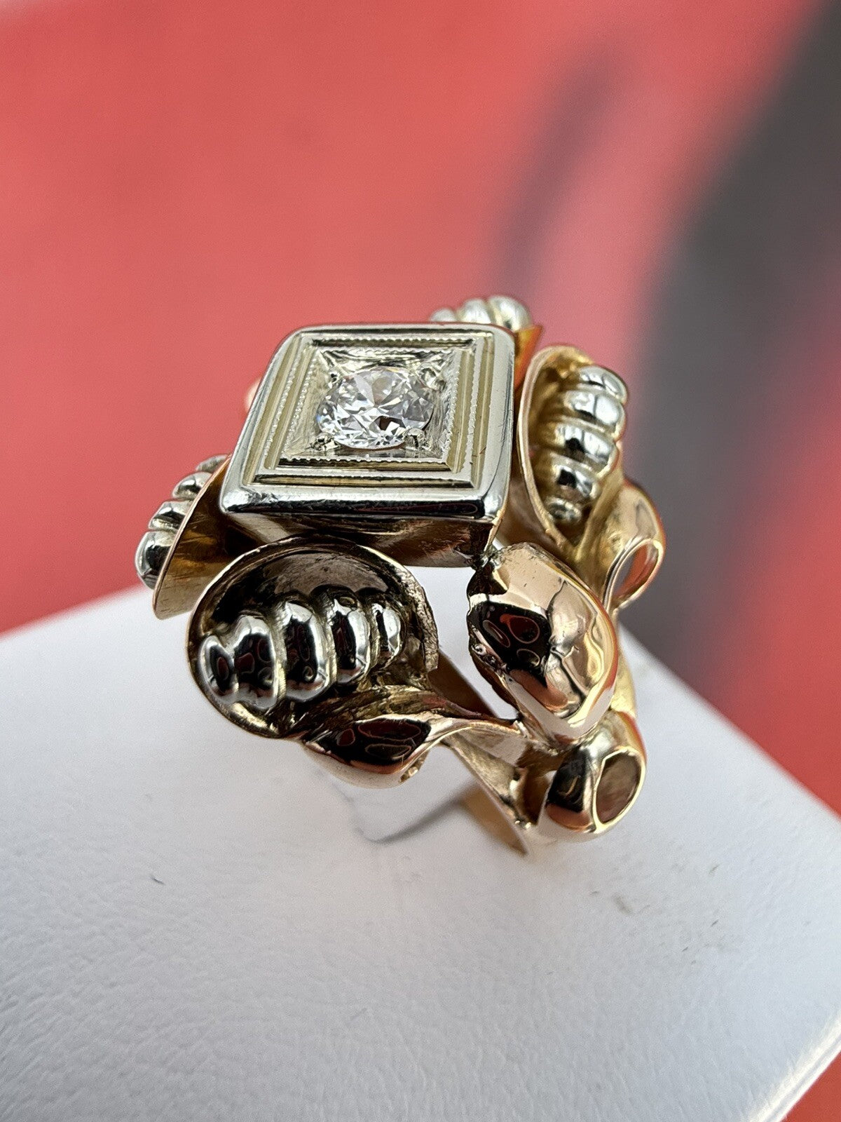 Anello vintage in oro rosso 18 kt con brillante da 0,15 ct, anni '50 – foto 11
