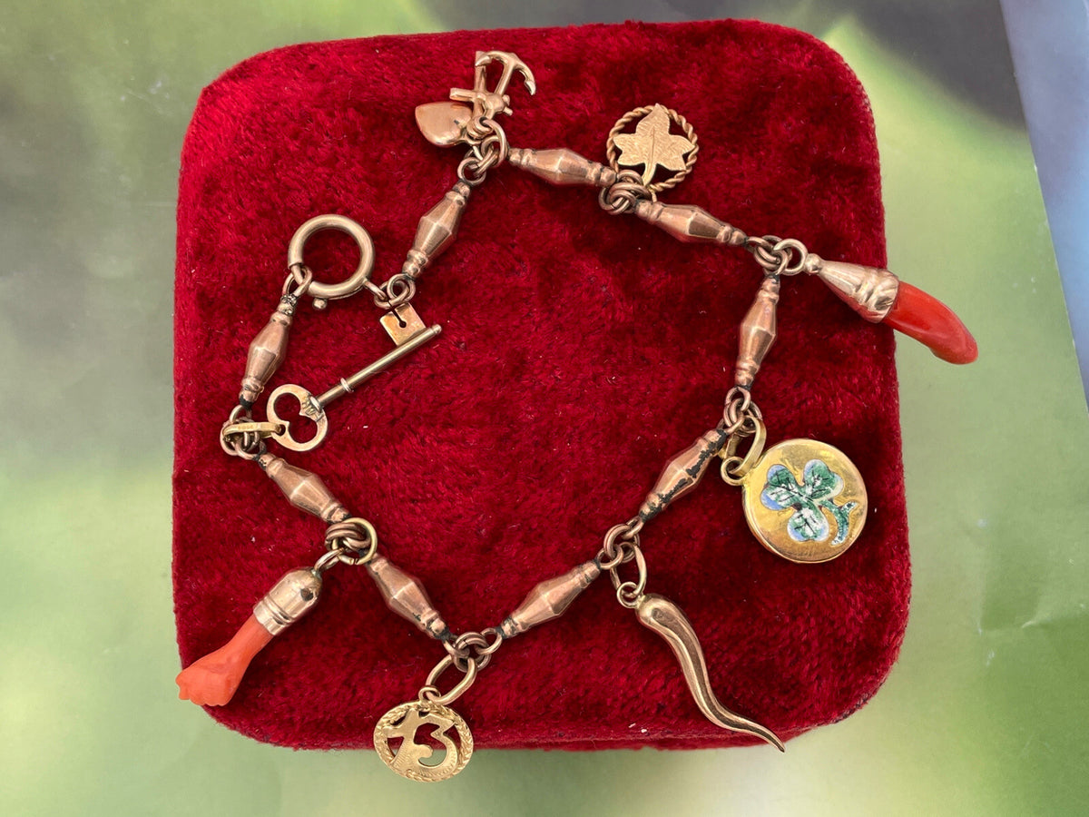 Bracciale portafortuna antico in oro rosa 6/7 kt con 8 charms – foto 3