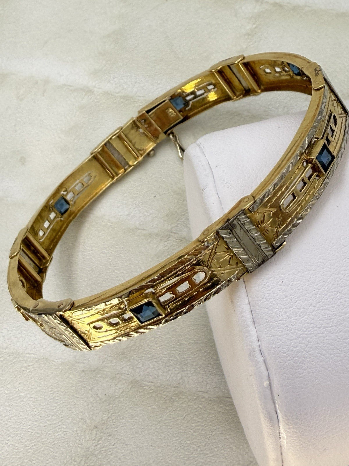 Bracciale antico a moduli in oro bianco e giallo 18 kt con pietre blu – foto 20