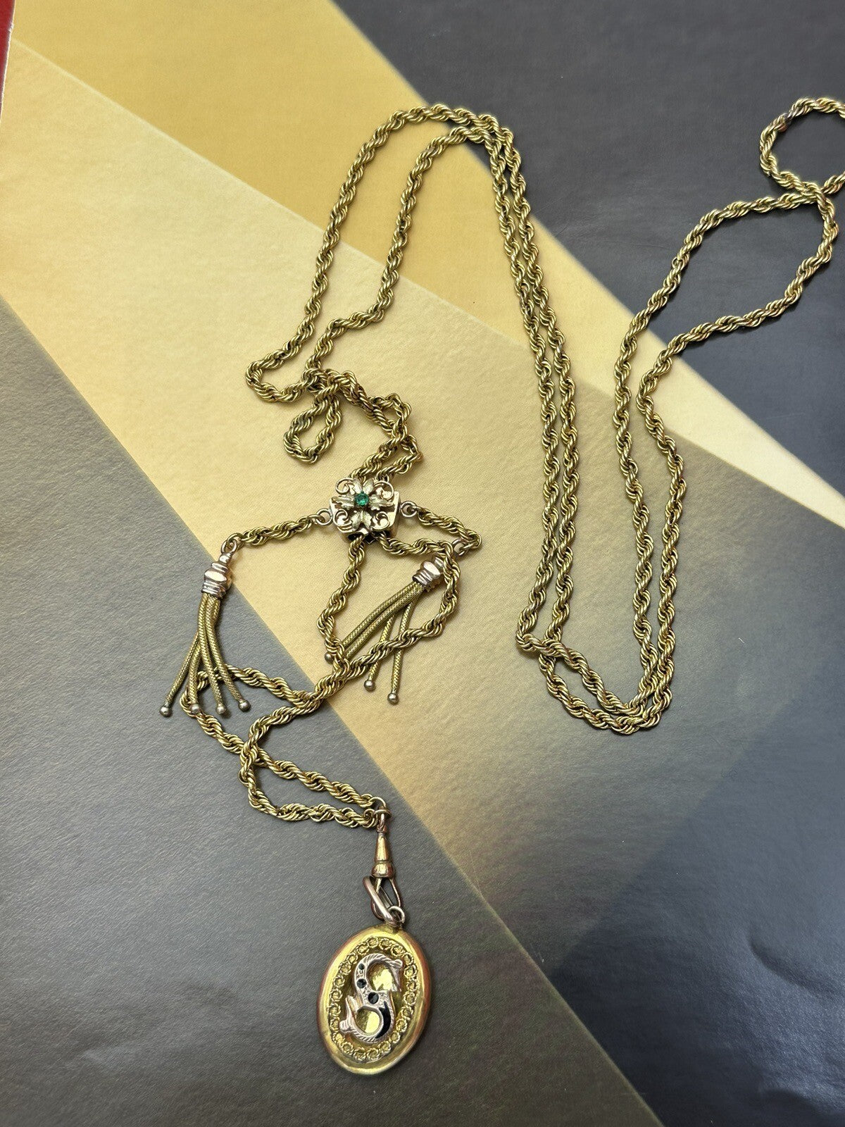 Collana saliscendi borbonica in oro 6/7 kt con pendente S e pietra verde – foto 11