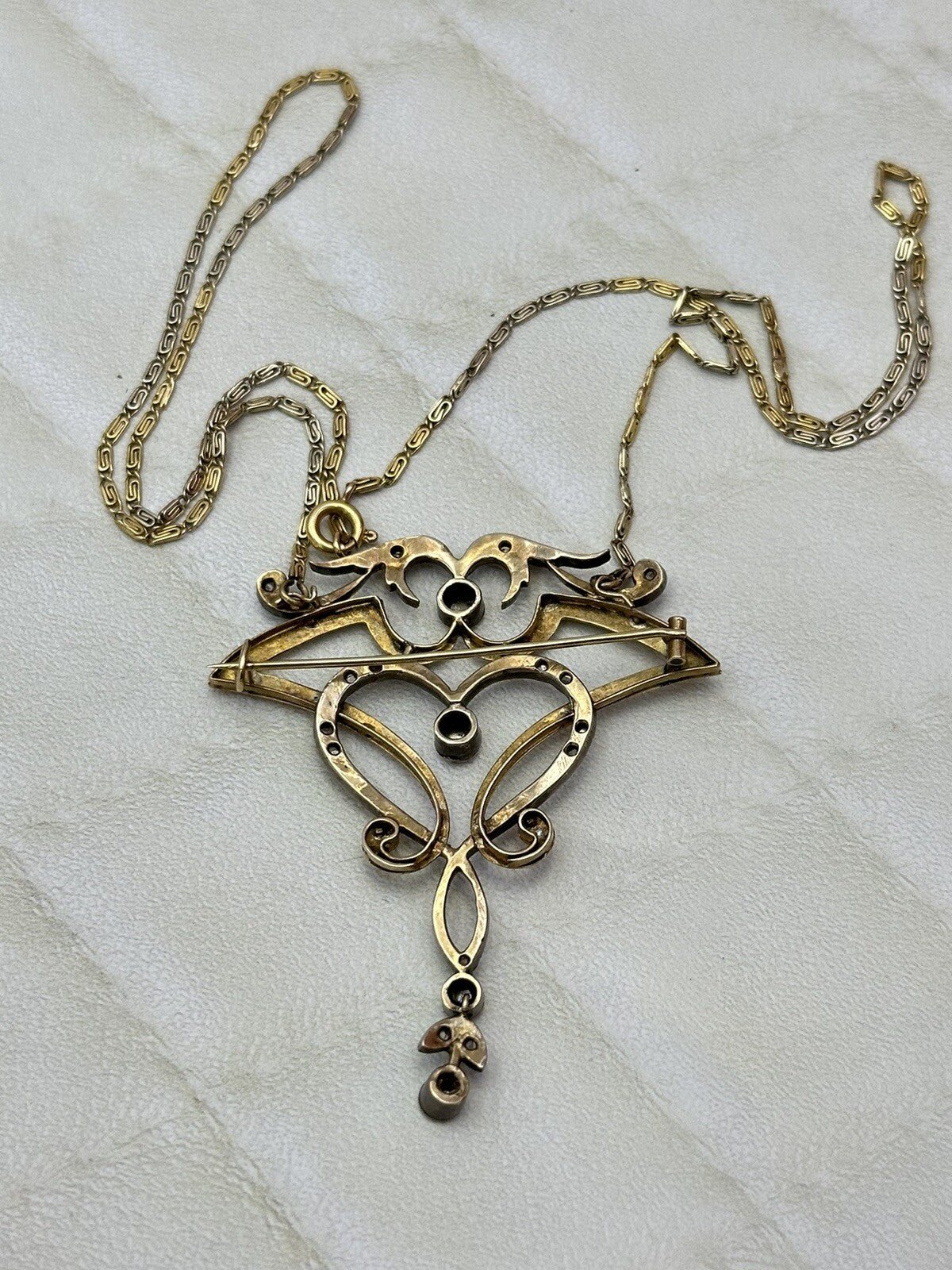 Collana con pendente-spilla antico in oro 12 kt, argento e diamanti, primi '900 – foto 11