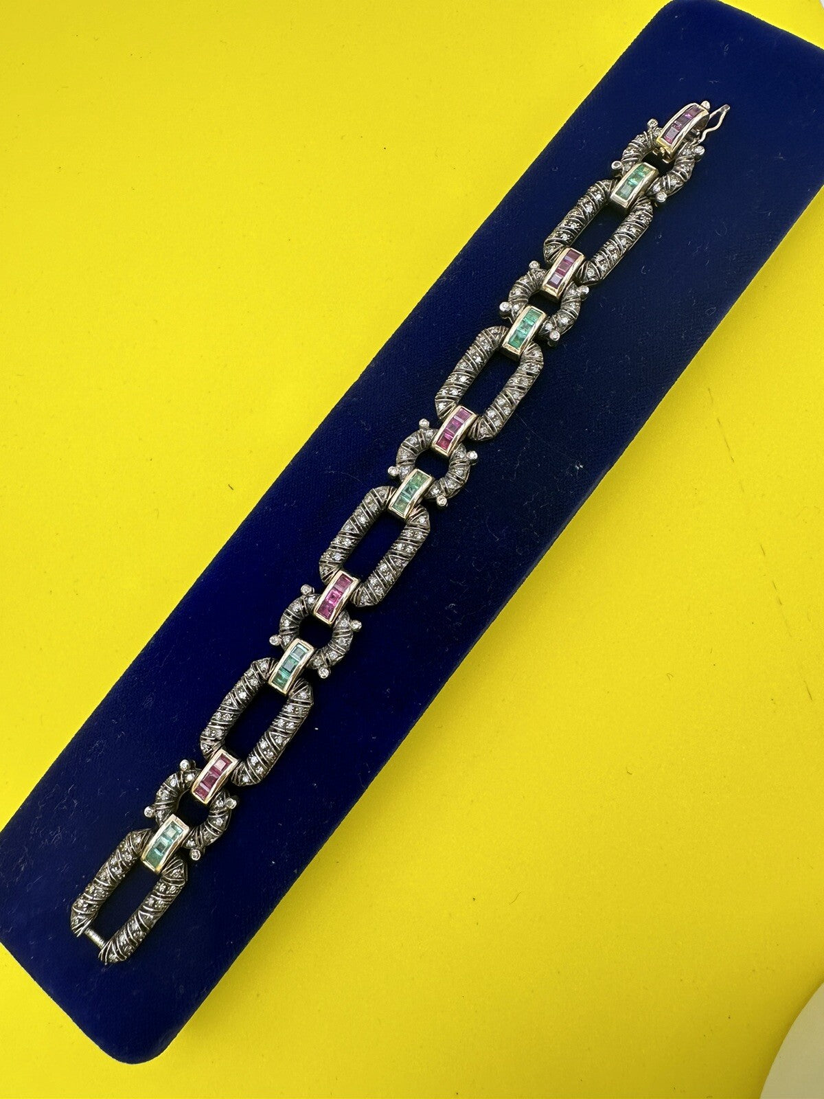 Bracciale vintage in oro 12 kt e argento con diamanti, rubini e smeraldi – foto 15