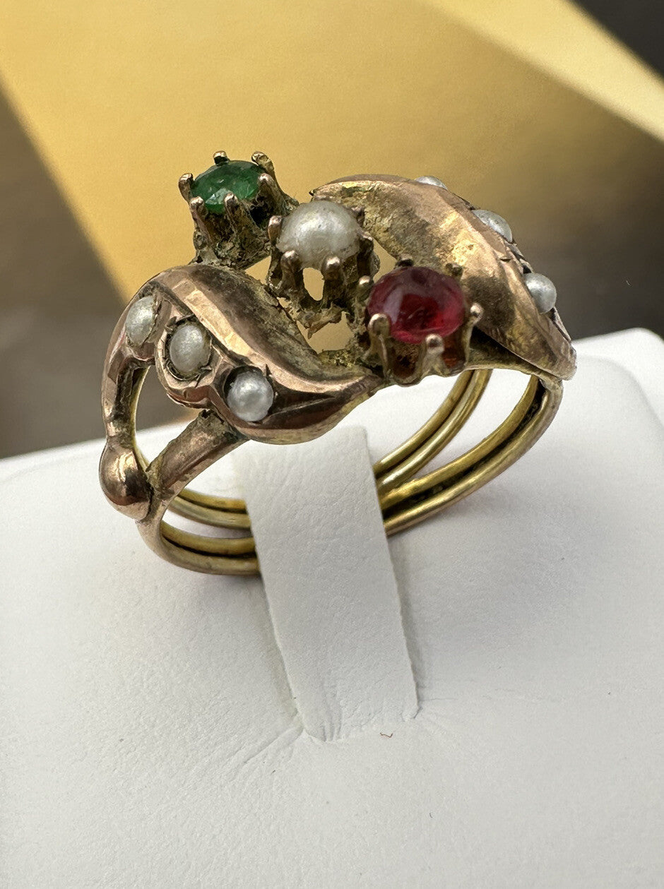 Anello borbonico in oro 6/7 kt con paste vitree e mezza perla, fine '800 – foto 4