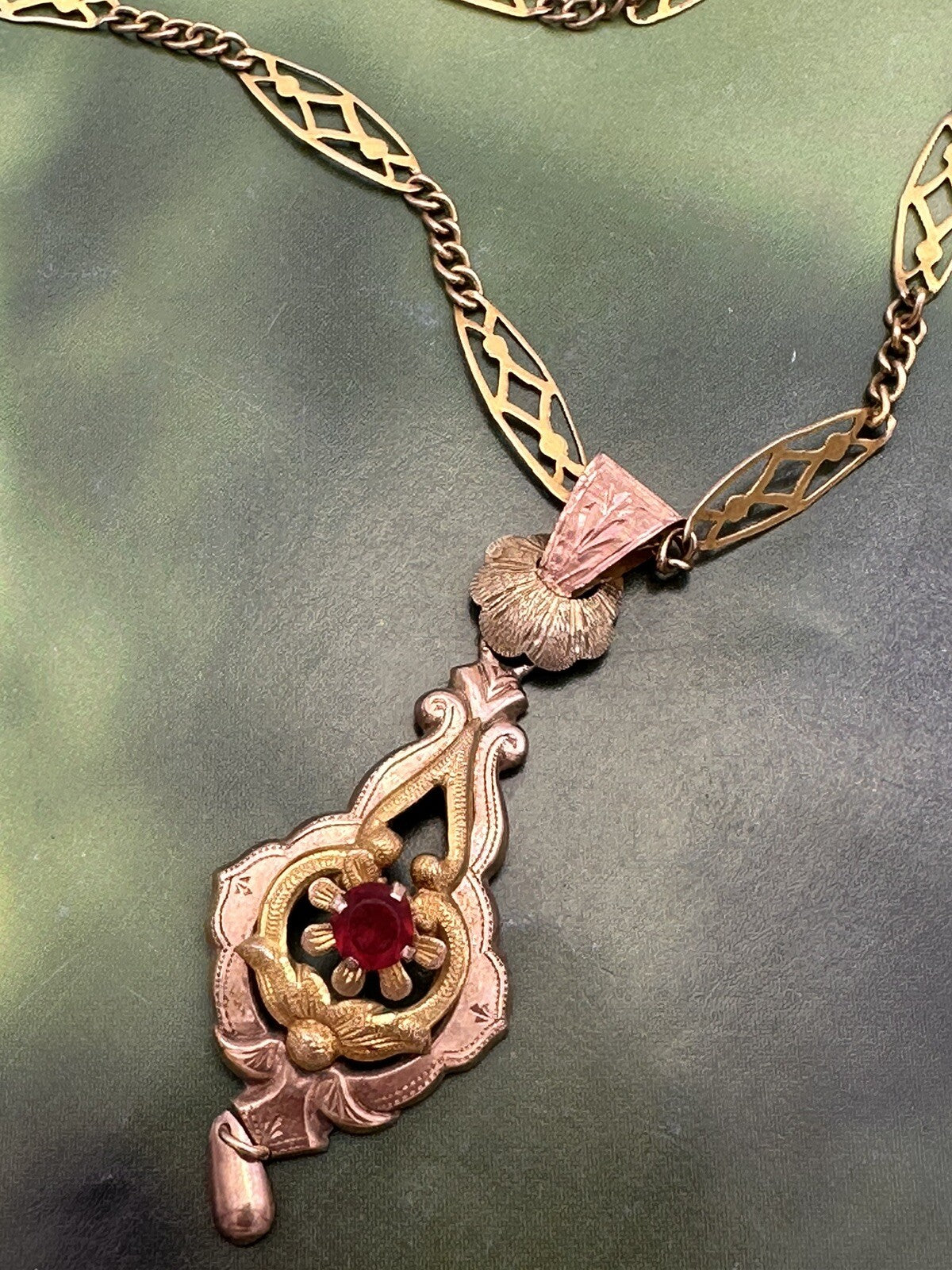 Collana antica in oro 6/7 kt con ciondolo e pietra rossa, inizi '900 – foto 10