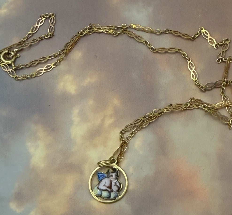 Collana antica in oro 9 kt con ciondolo smaltato a cherubino, inizi '900 – foto 9