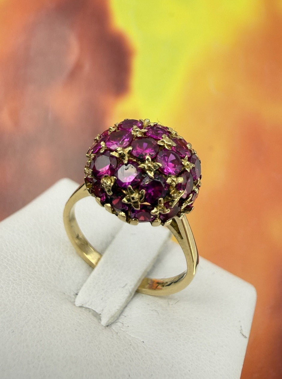 Anello a sfera vintage in oro 18 kt con rubini sintetici, anni '70