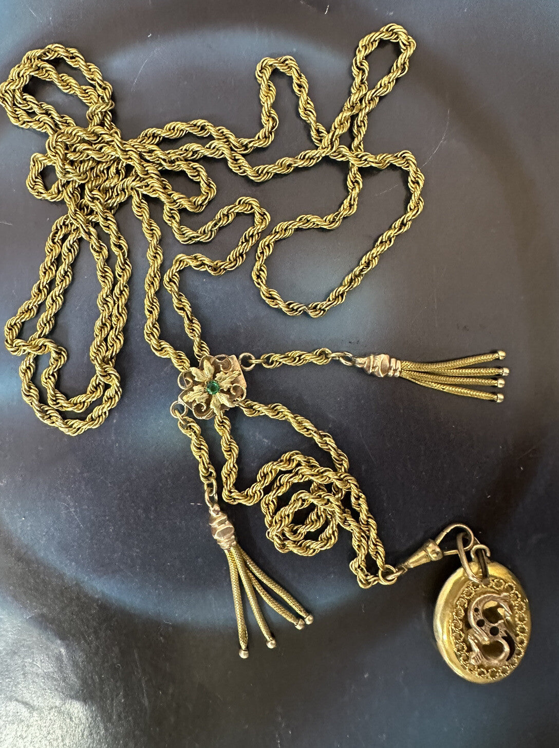 Collana saliscendi borbonica in oro 6/7 kt con pendente S e pietra verde – foto 14