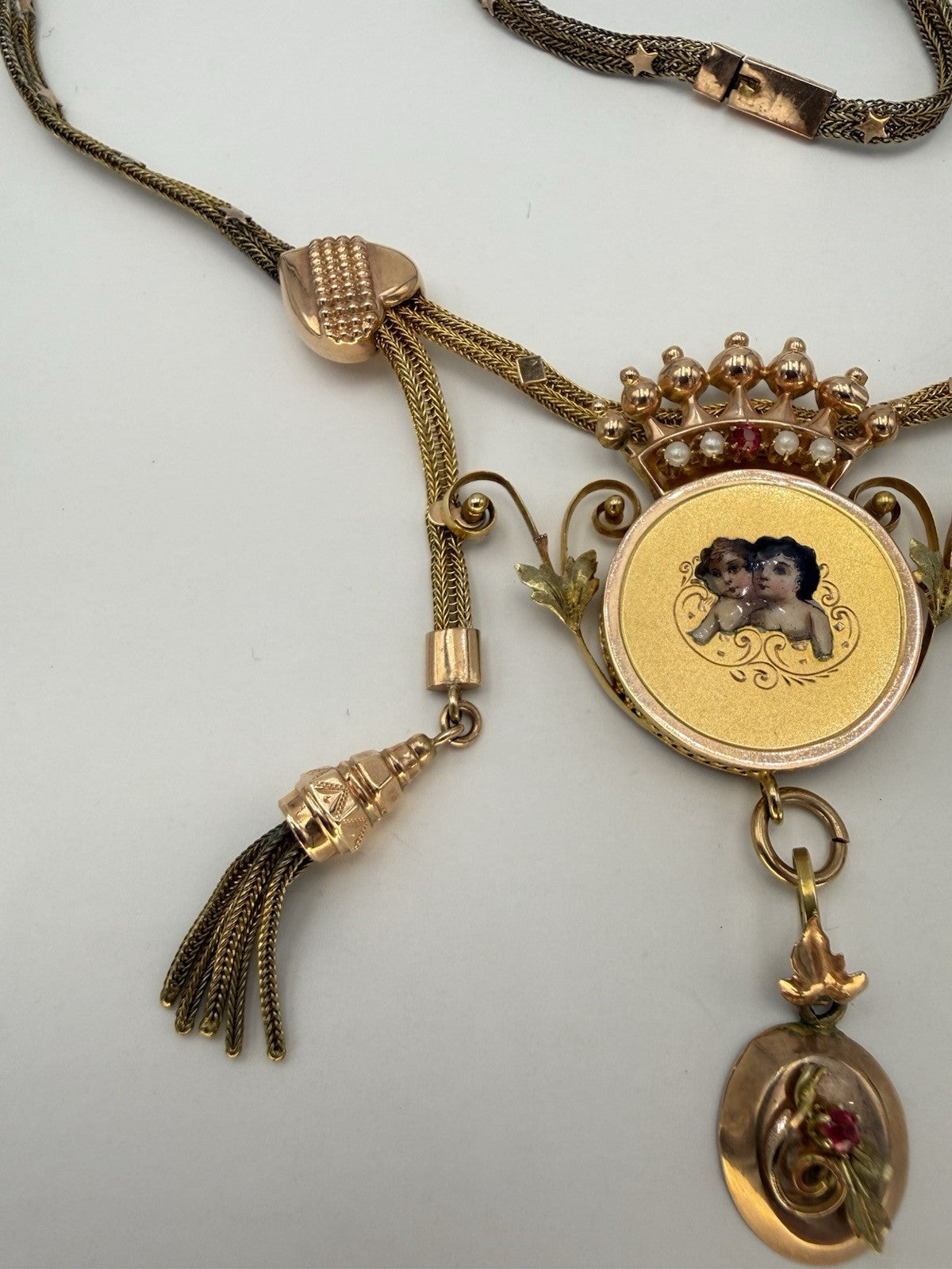 Collana antica in oro 6/7 kt con smalti, microperle e nappe, fine '800 – foto 15