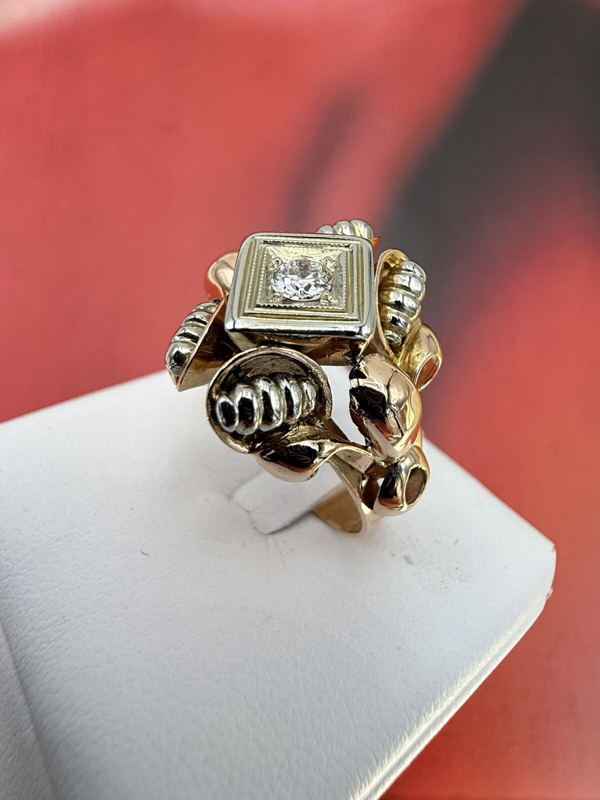 Anello vintage in oro rosso 18 kt con brillante da 0,15 ct, anni '50 – foto 8