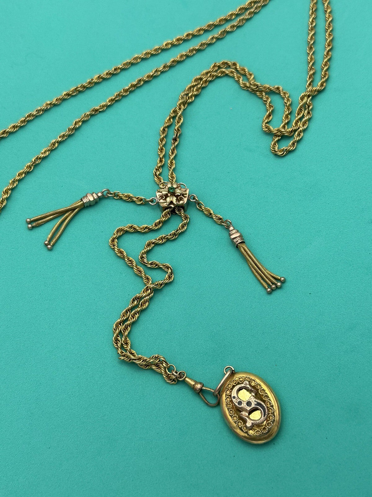 Collana saliscendi borbonica in oro 6/7 kt con pendente S e pietra verde – foto 10