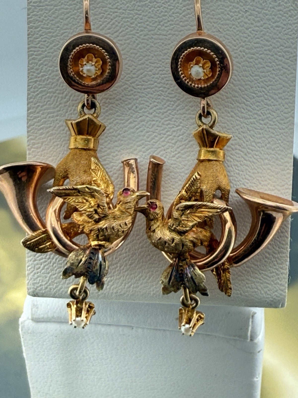 Orecchini antichi in oro 6/7 kt con paste vitree rosse e microperle, fine '800 – foto 8