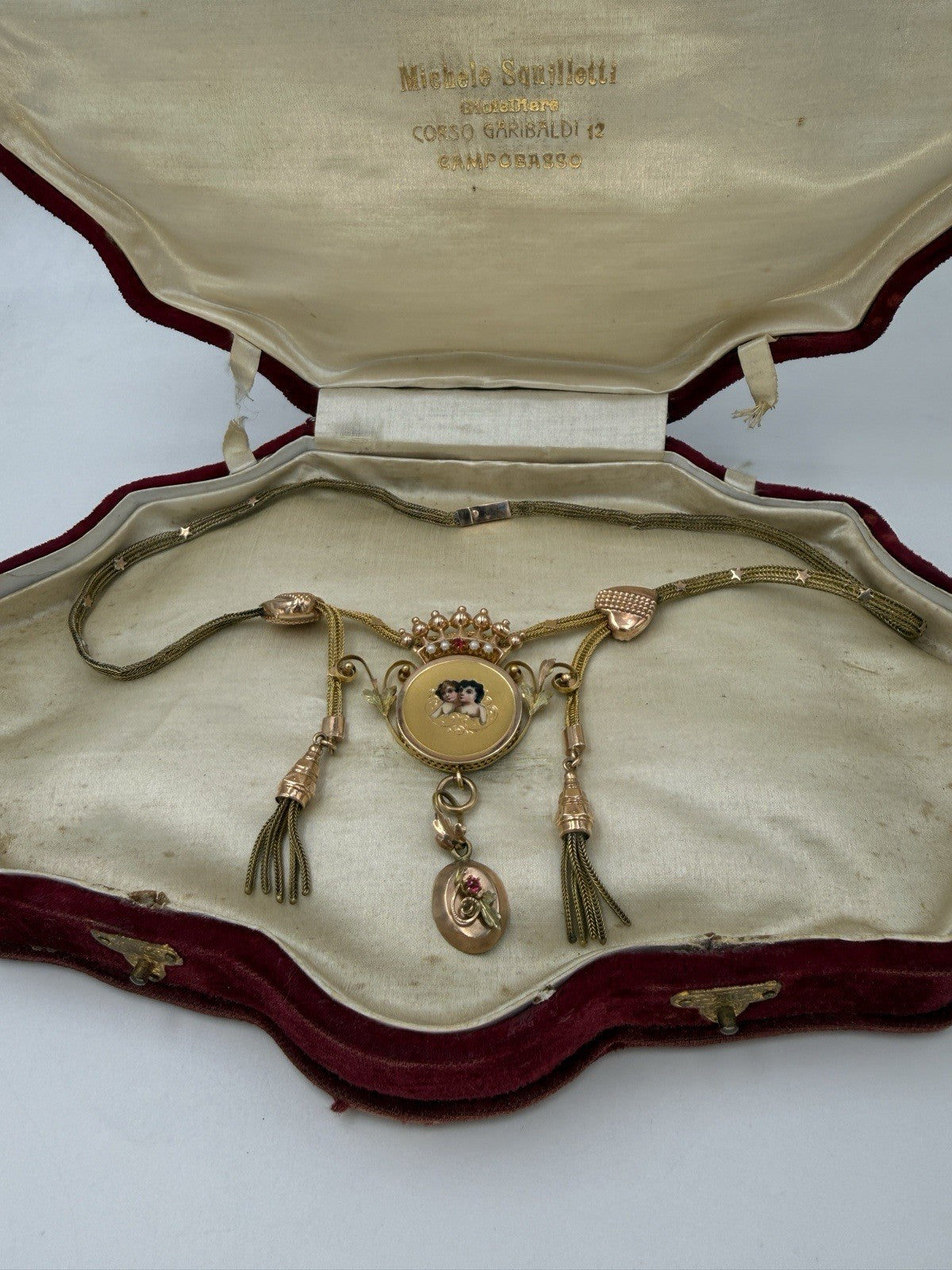 Collana antica in oro 6/7 kt con smalti, microperle e nappe, fine '800 – foto 5