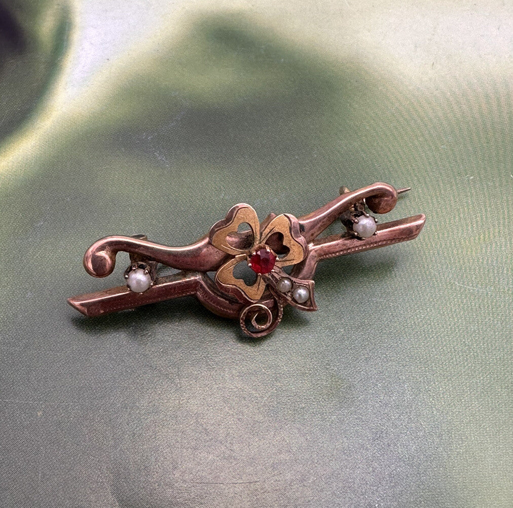 Spilla antica in oro rosso 6/7 kt con perle e pietra rossa, fine '800 – foto 8