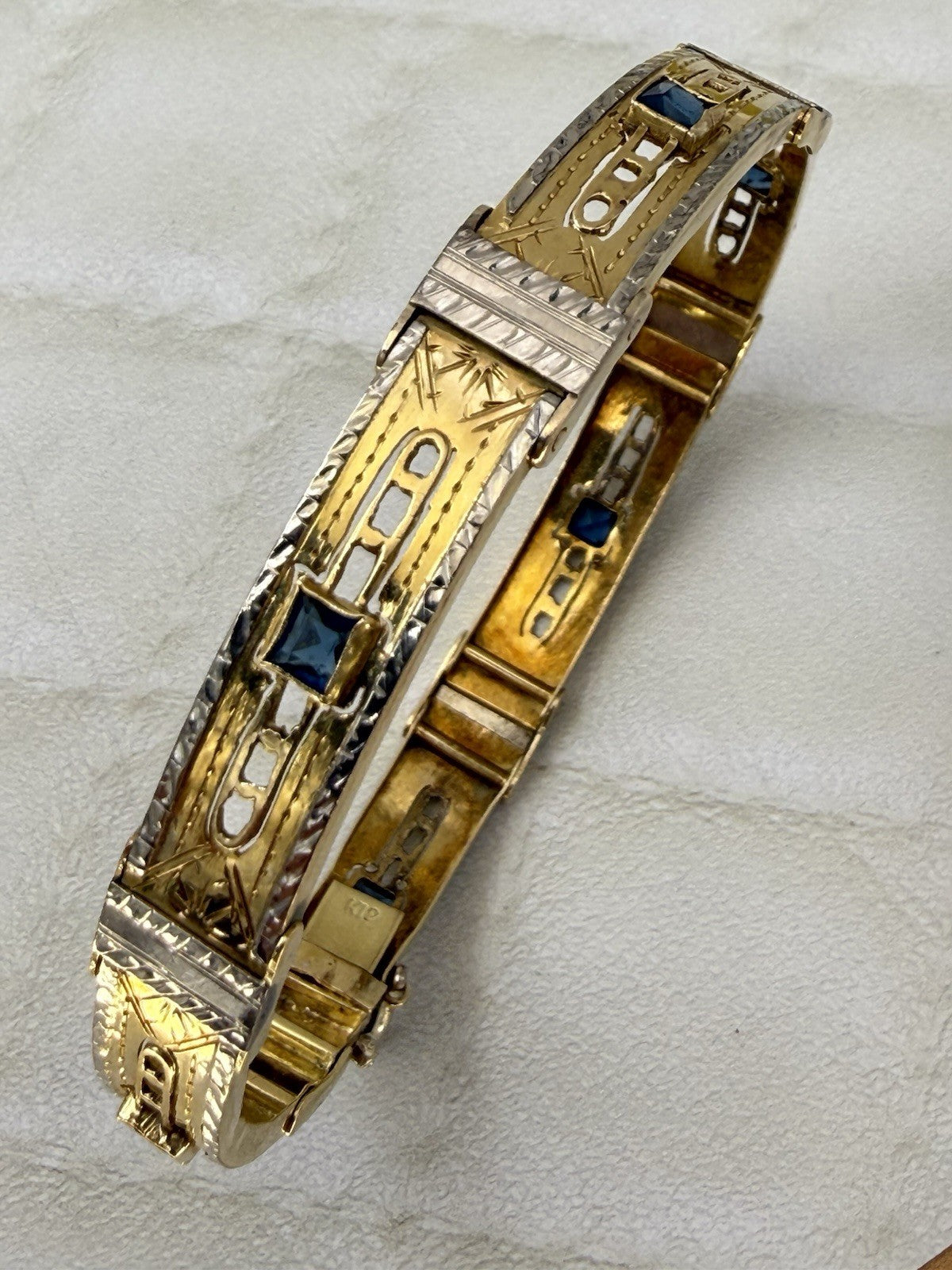 Bracciale antico a moduli in oro bianco e giallo 18 kt con pietre blu – foto 9