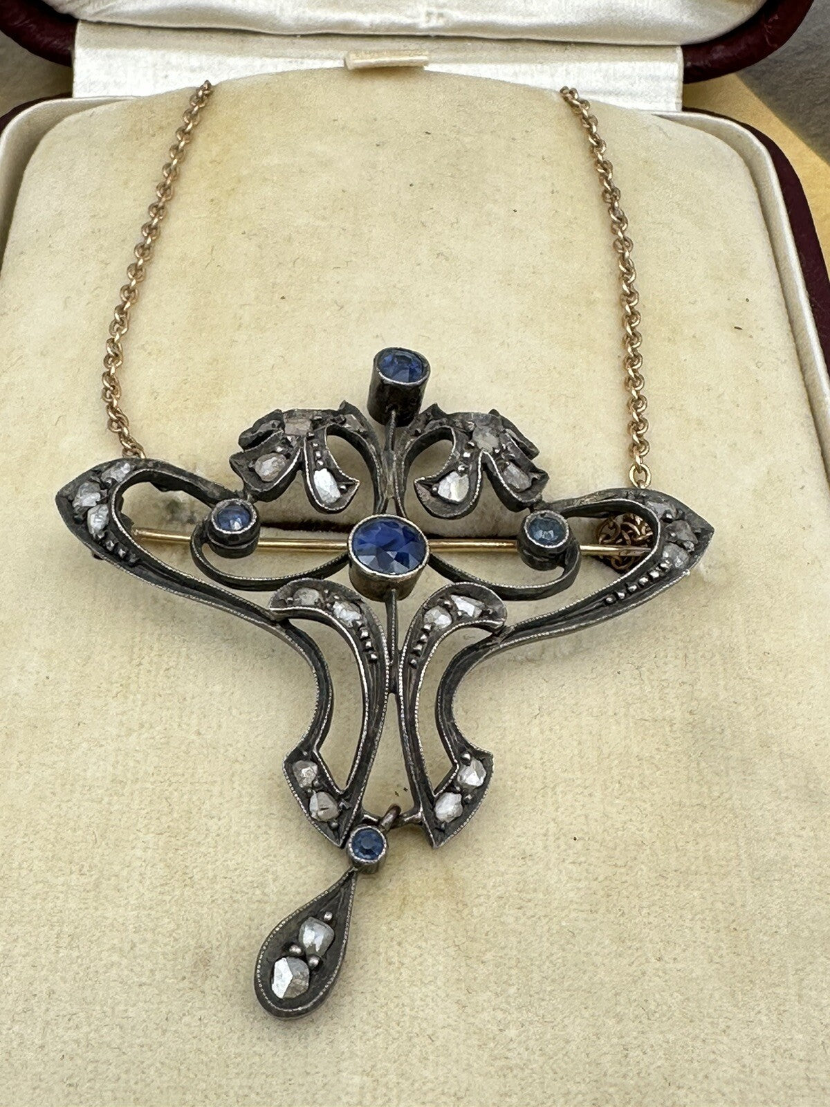 Spilla pendente antica in argento e oro con zaffiri e diamanti, inizi '900 – foto 8