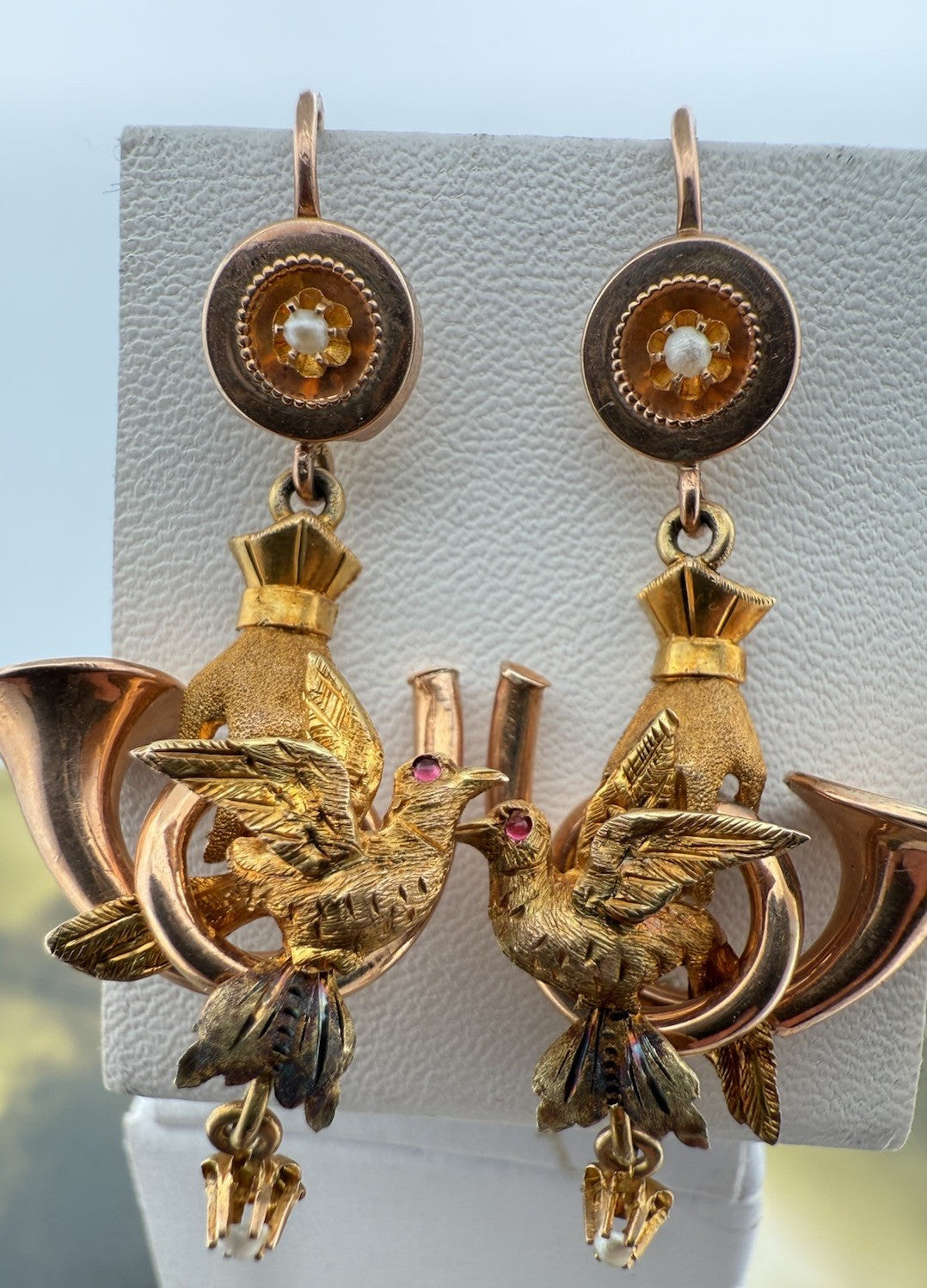 Orecchini antichi in oro 6/7 kt con paste vitree rosse e microperle, fine '800 – foto 5