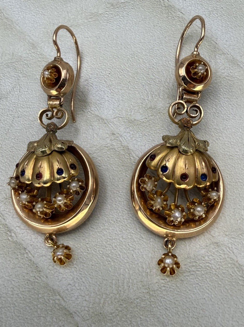 Orecchini borbonici in oro 6/7 kt con paste vitree rosse e blu e microperle – foto 14