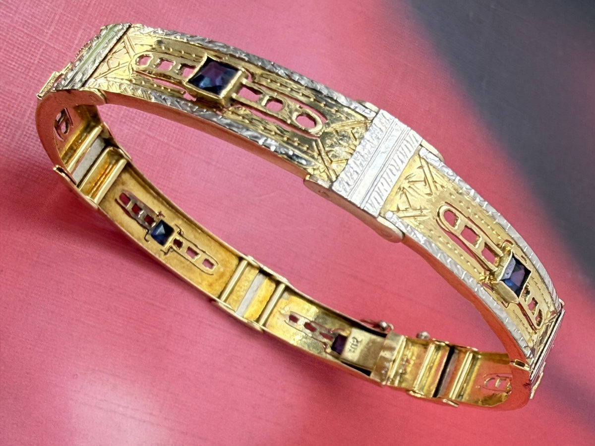 Bracciale antico a moduli in oro bianco e giallo 18 kt con pietre blu – foto 13