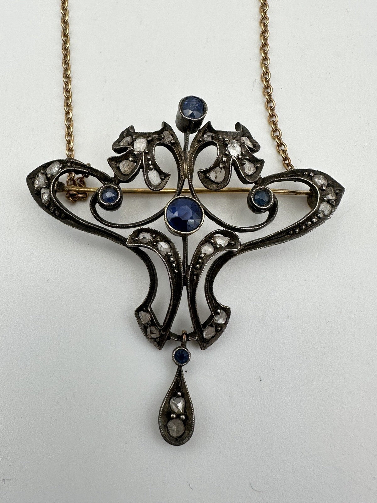 Spilla pendente antica in argento e oro con zaffiri e diamanti, inizi '900 – foto 13