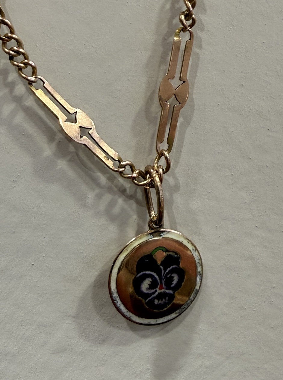 Collana antica in oro 9 kt con ciondolo floreale smaltato viola, inizi '900 – foto 7