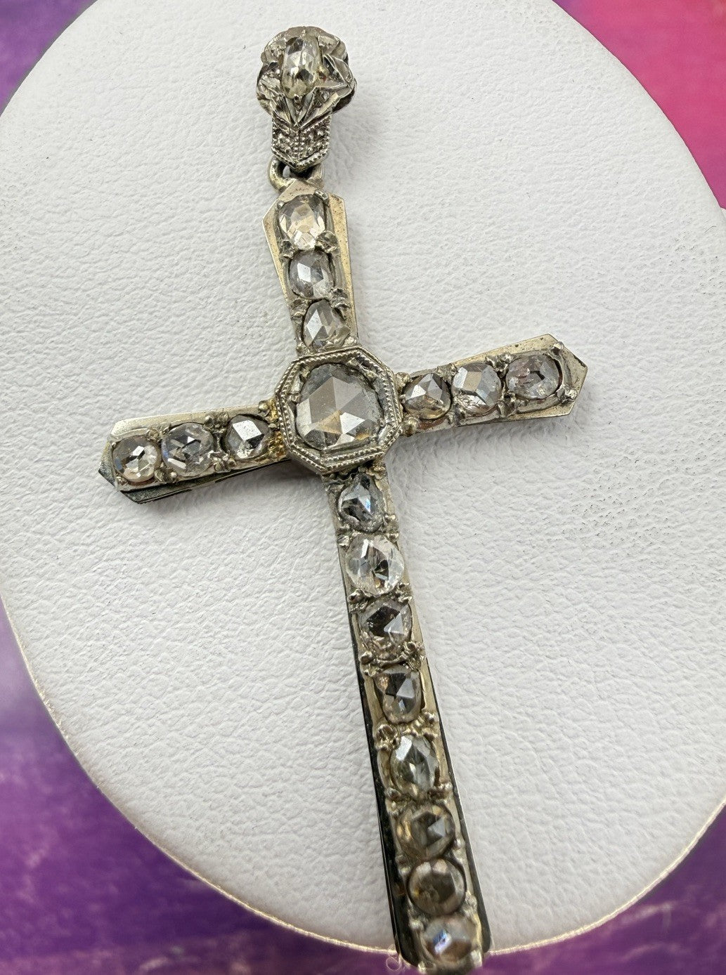 Croce antica in oro bianco 12 kt con 18 diamanti taglio rosa, inizi '900 – foto 9