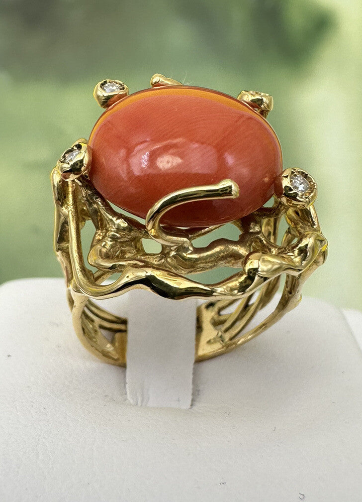 Anello artigianale in oro 18 kt con corallo cerasuolo e brillanti – foto 6
