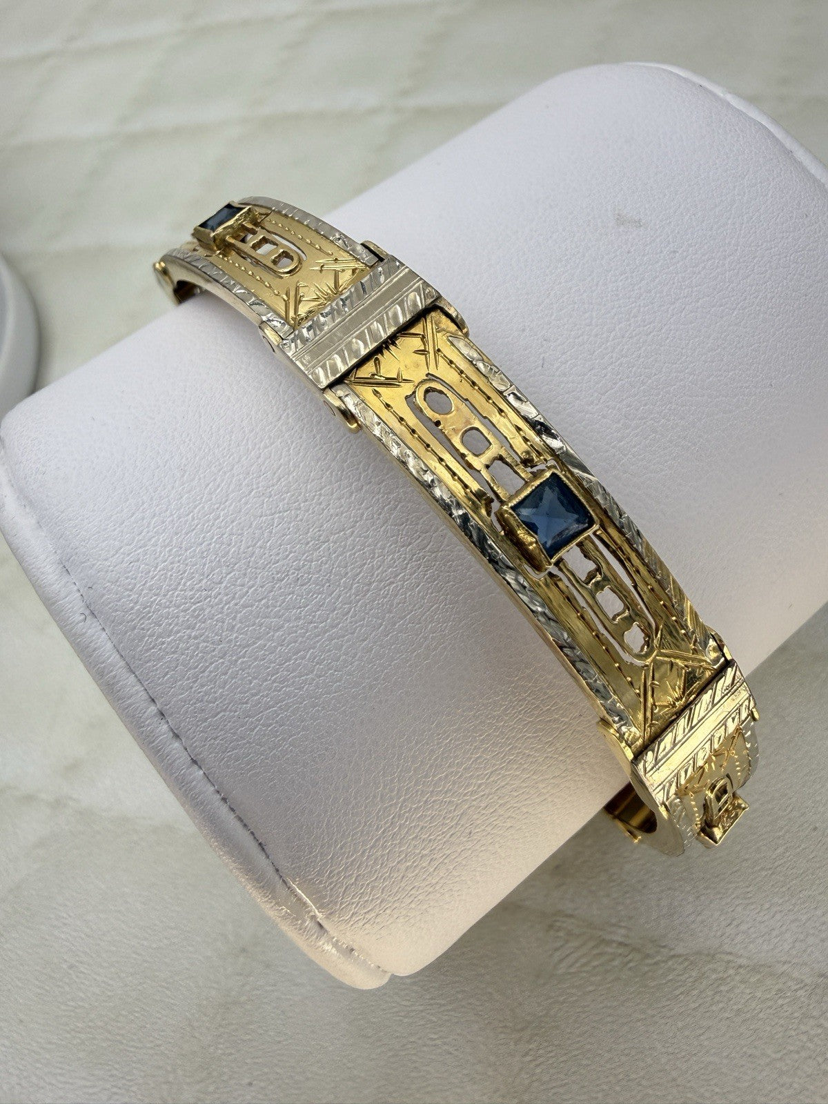 Bracciale antico a moduli in oro bianco e giallo 18 kt con pietre blu – foto 3