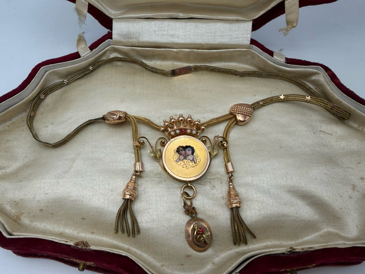 Collana antica in oro 6/7 kt con smalti, microperle e nappe, fine '800 – foto 8