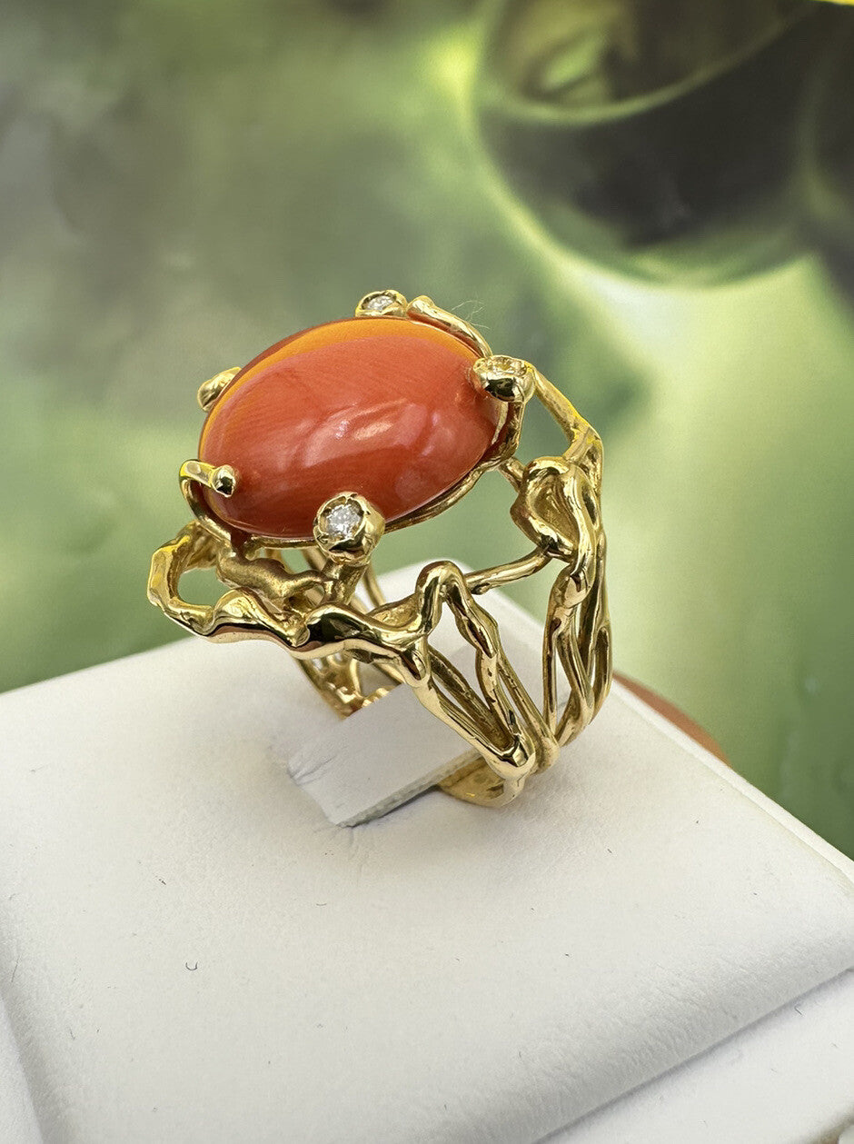 Anello artigianale in oro 18 kt con corallo cerasuolo e brillanti – foto 12