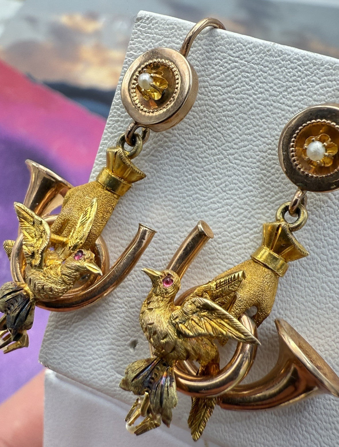 Orecchini antichi in oro 6/7 kt con paste vitree rosse e microperle, fine '800 – foto 9