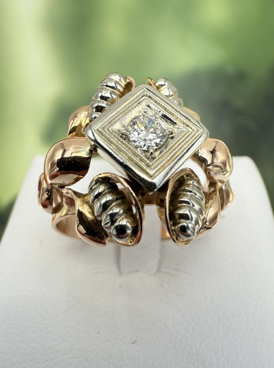 Anello vintage in oro rosso 18 kt con brillante da 0,15 ct, anni '50 – foto 19