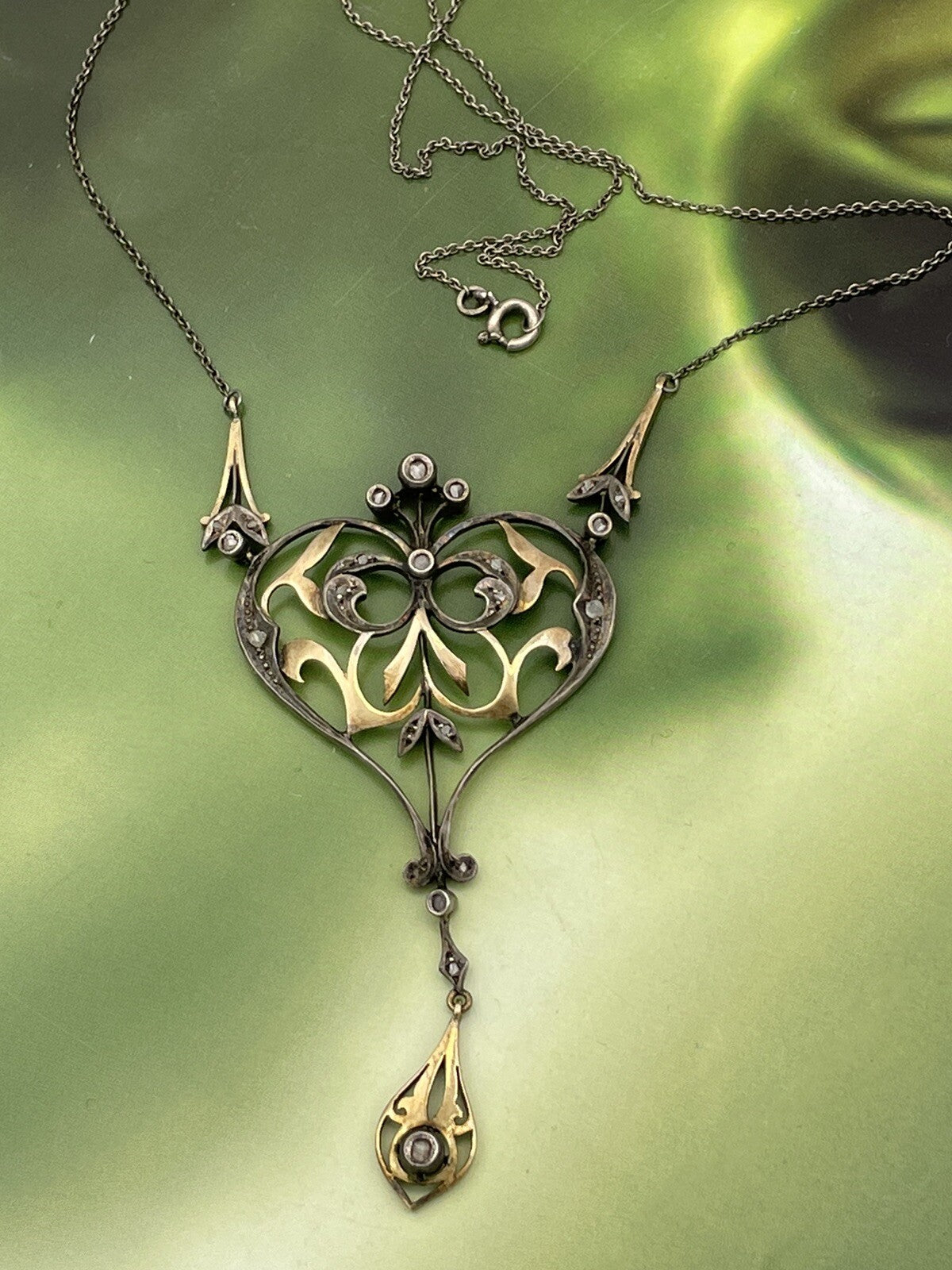 Collana con pendente antico in oro 12 kt, argento e diamanti taglio rosa – foto 8