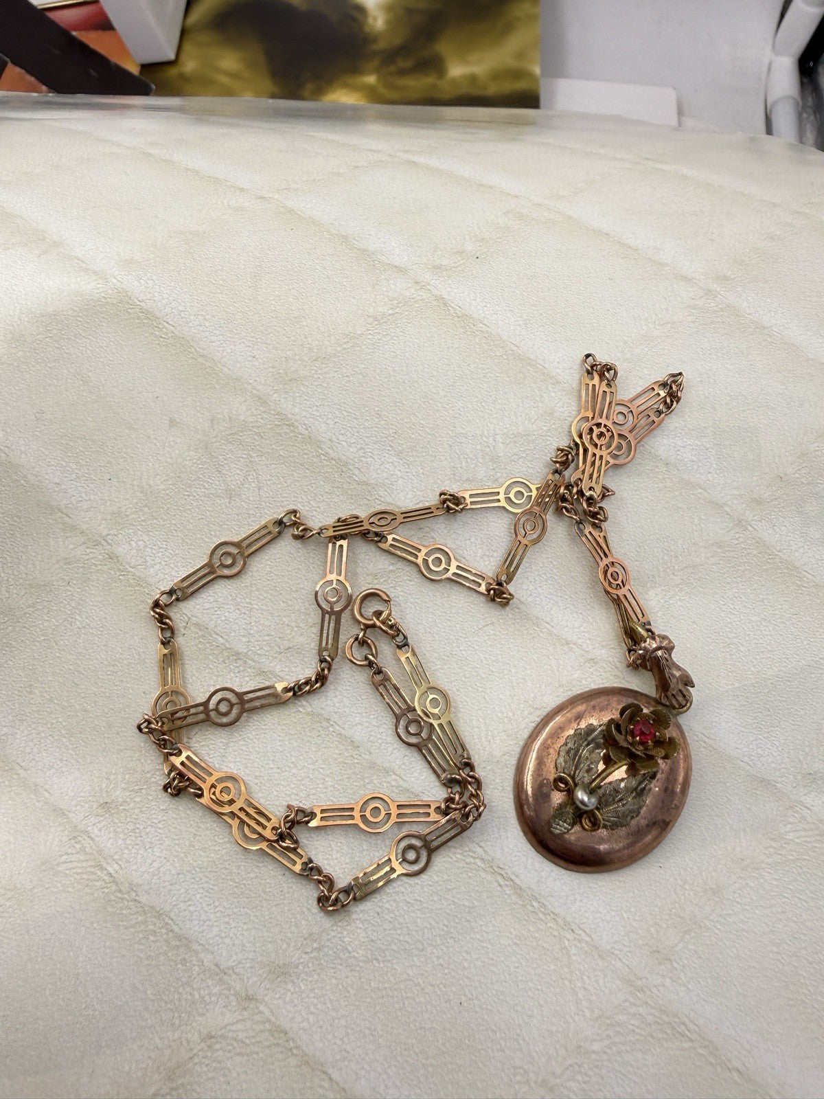 Collana antica in oro 6/7 kt con ciondolo floreale e pietra rossa, fine '800 – foto 7