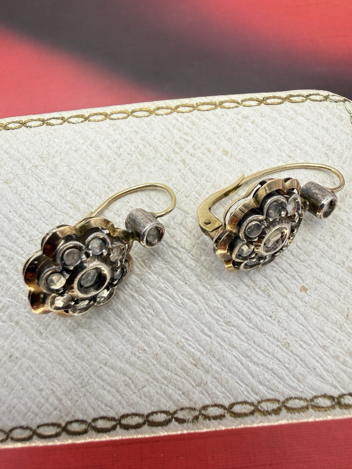 Orecchini a toppa in oro 12 kt e argento con diamanti taglio rosa, anni '50 – foto 7