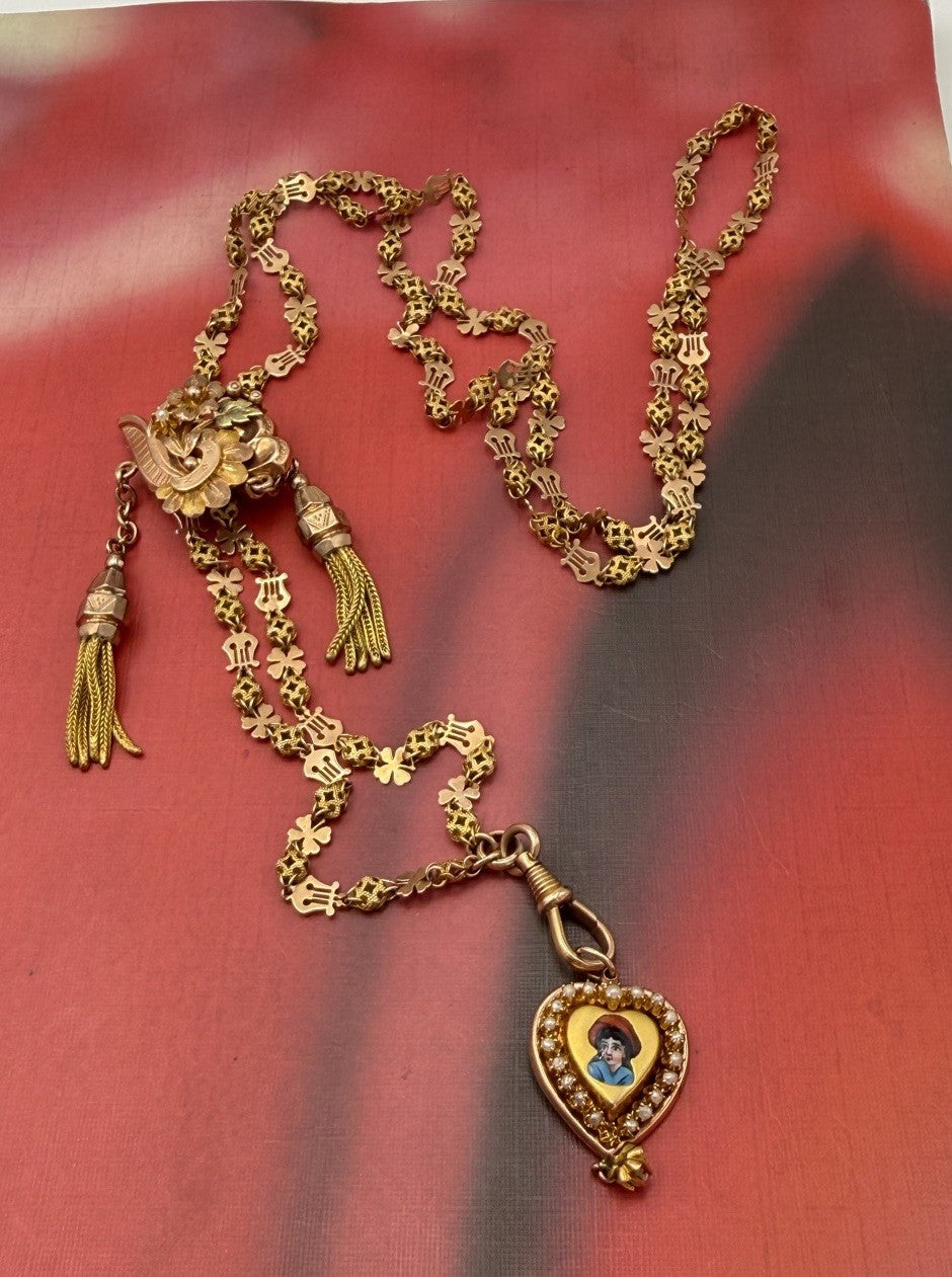 Collana saliscendi borbonica in oro 6/7 kt con cuore smaltato e microperle – foto 12