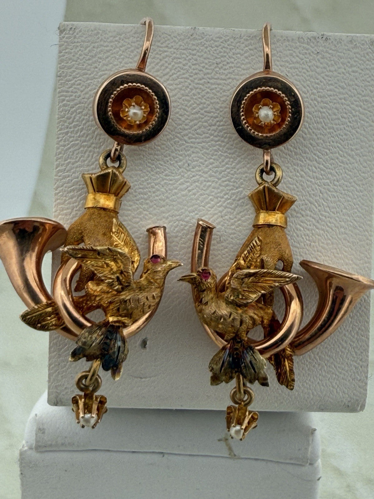 Orecchini antichi in oro 6/7 kt con paste vitree rosse e microperle, fine '800 – foto 11