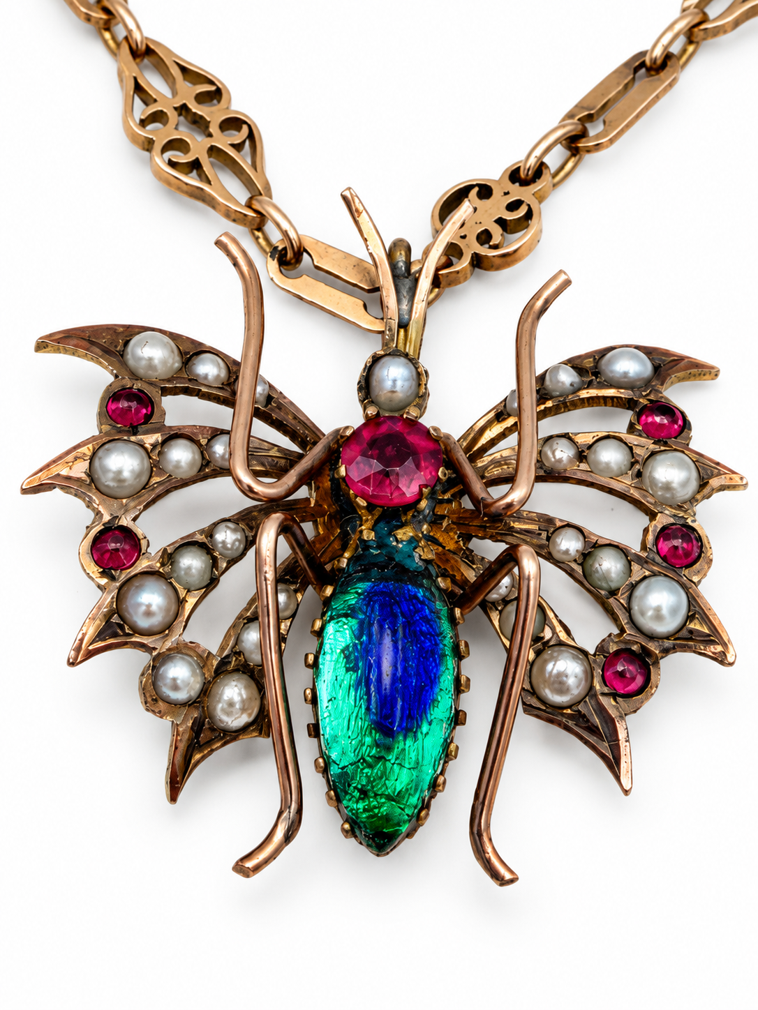 Collana antica in oro 6/7 kt con pendente a farfalla, perle e pietre rosse – foto 3