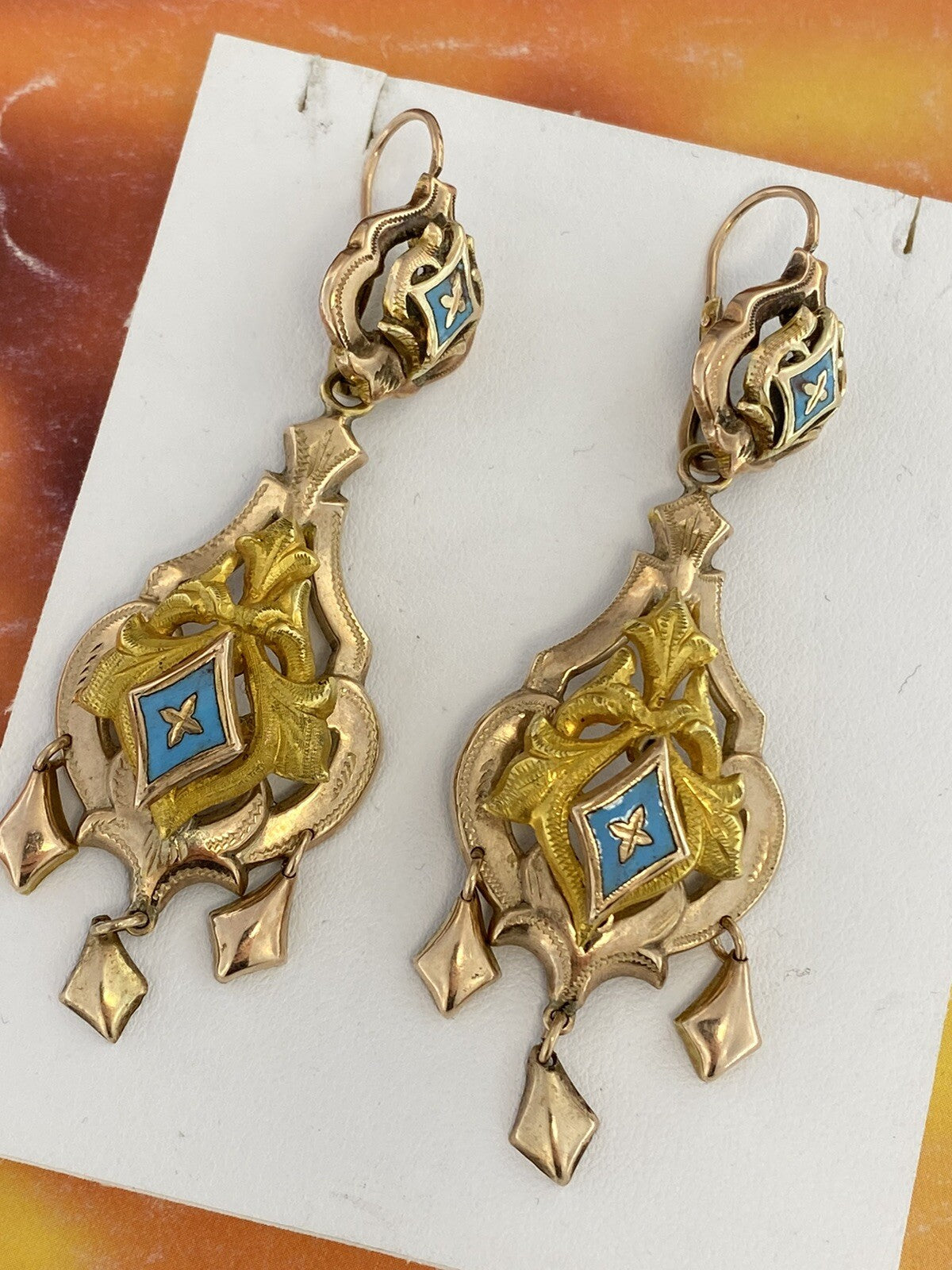 Orecchini borbonici in oro rosso 6/7 kt con smalti azzurri, '800 – foto 7