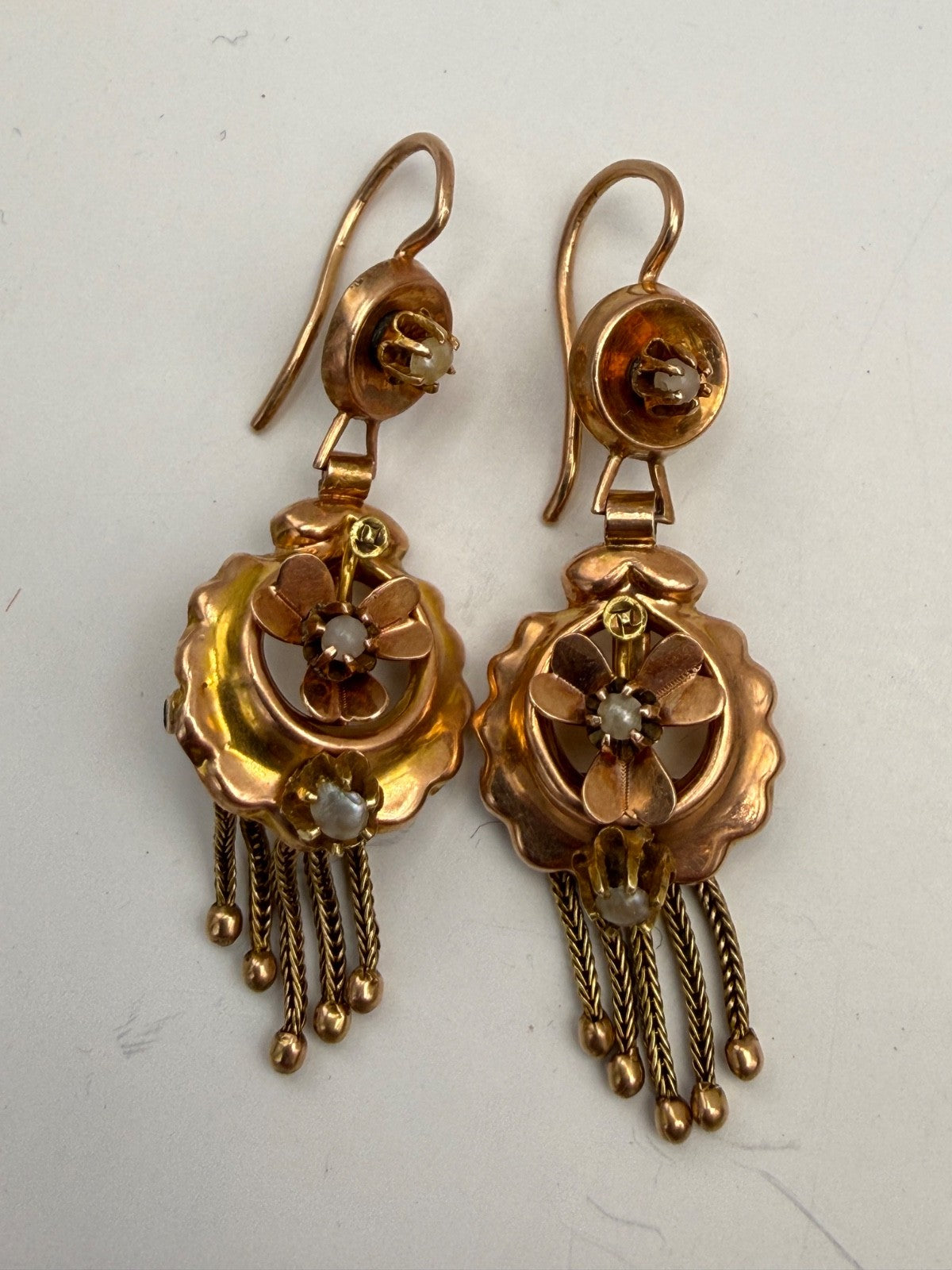Orecchini borbonici in oro rosso 6/7 kt con microperle, fine '800 – foto 2