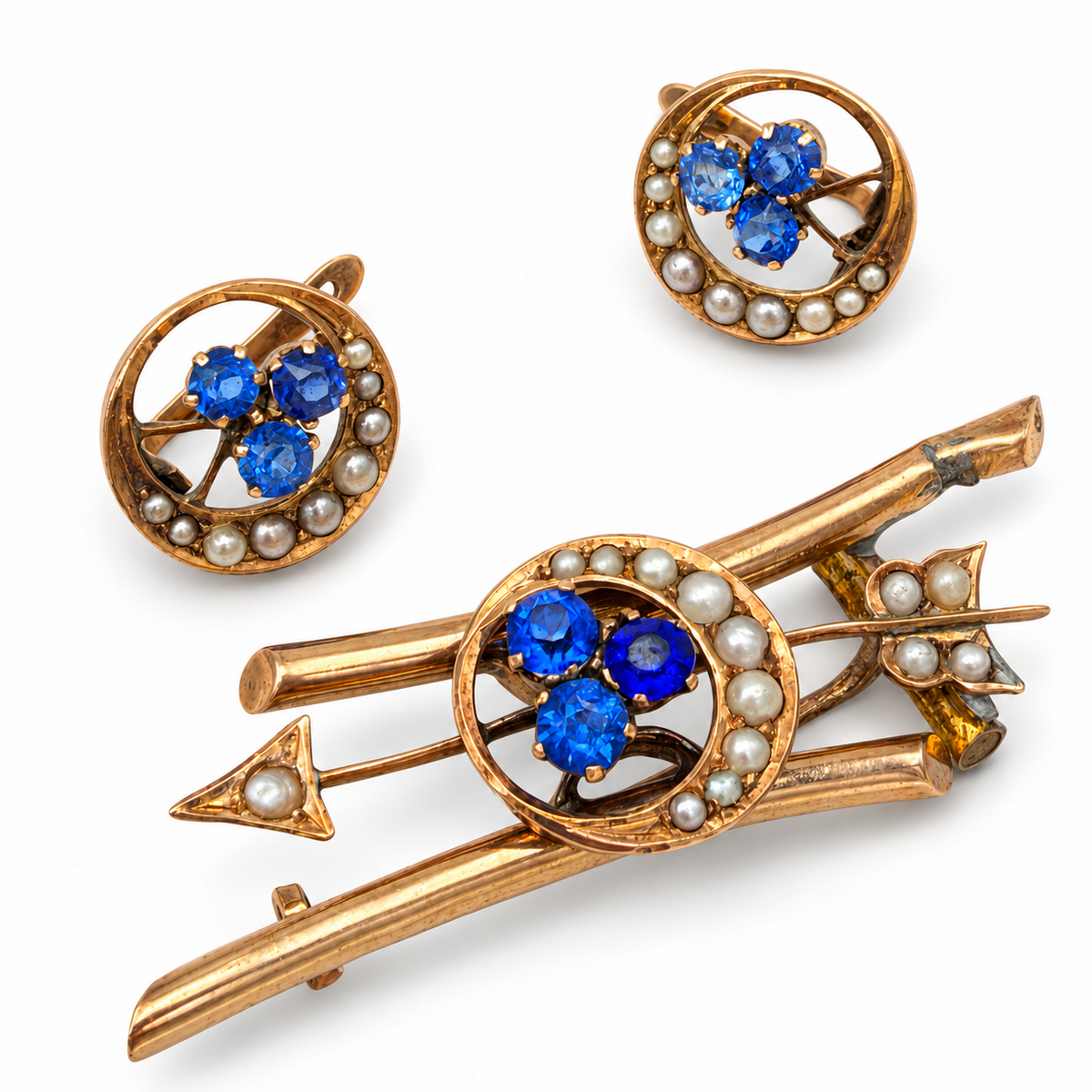 Parure antica spilla e orecchini in oro 6/7 kt con paste vitree blu, fine '800 – foto 2