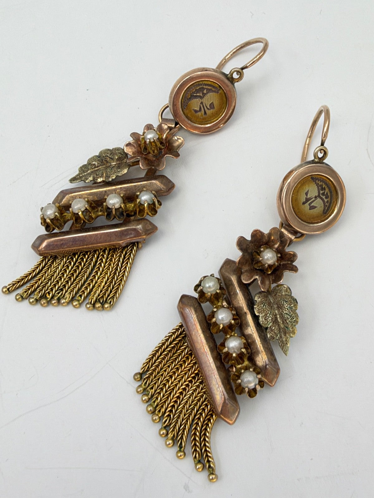 Orecchini borbonici lunghi in oro rosso 6/7 kt con microperle, fine '800 – foto 12