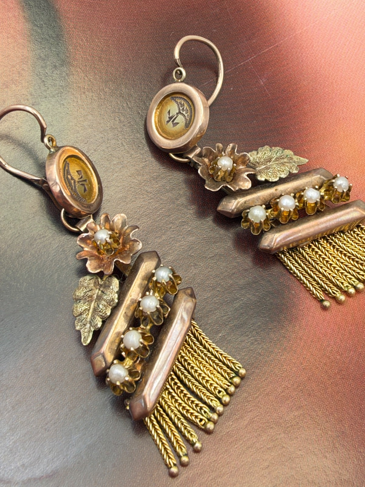 Orecchini borbonici lunghi in oro rosso 6/7 kt con microperle, fine '800 – foto 13