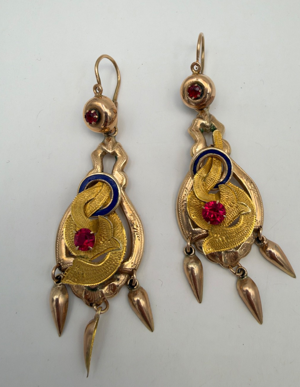 Orecchini borbonici lunghi in oro 6/7 kt con paste vitree rosse e punzoni – foto 6