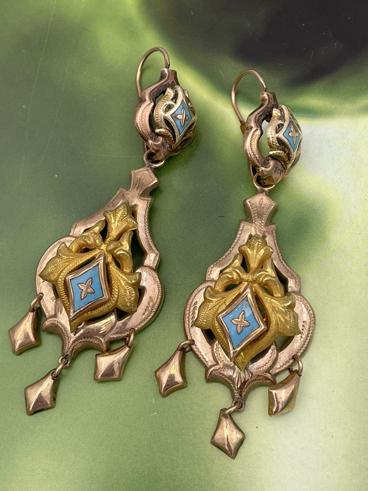 Orecchini borbonici in oro rosso 6/7 kt con smalti azzurri, '800 – foto 11