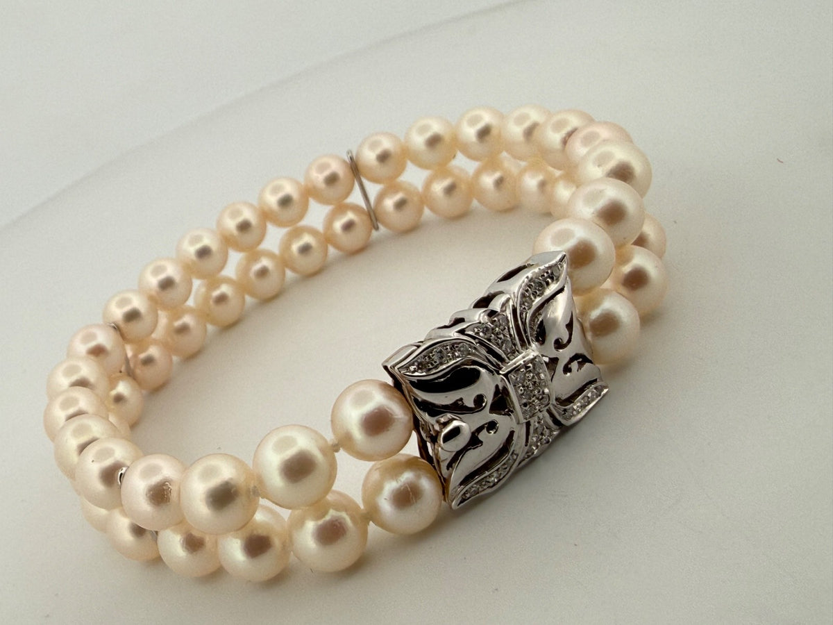 Bracciale doppio filo di perle con chiusura in oro bianco 18 kt e brillanti – foto 14