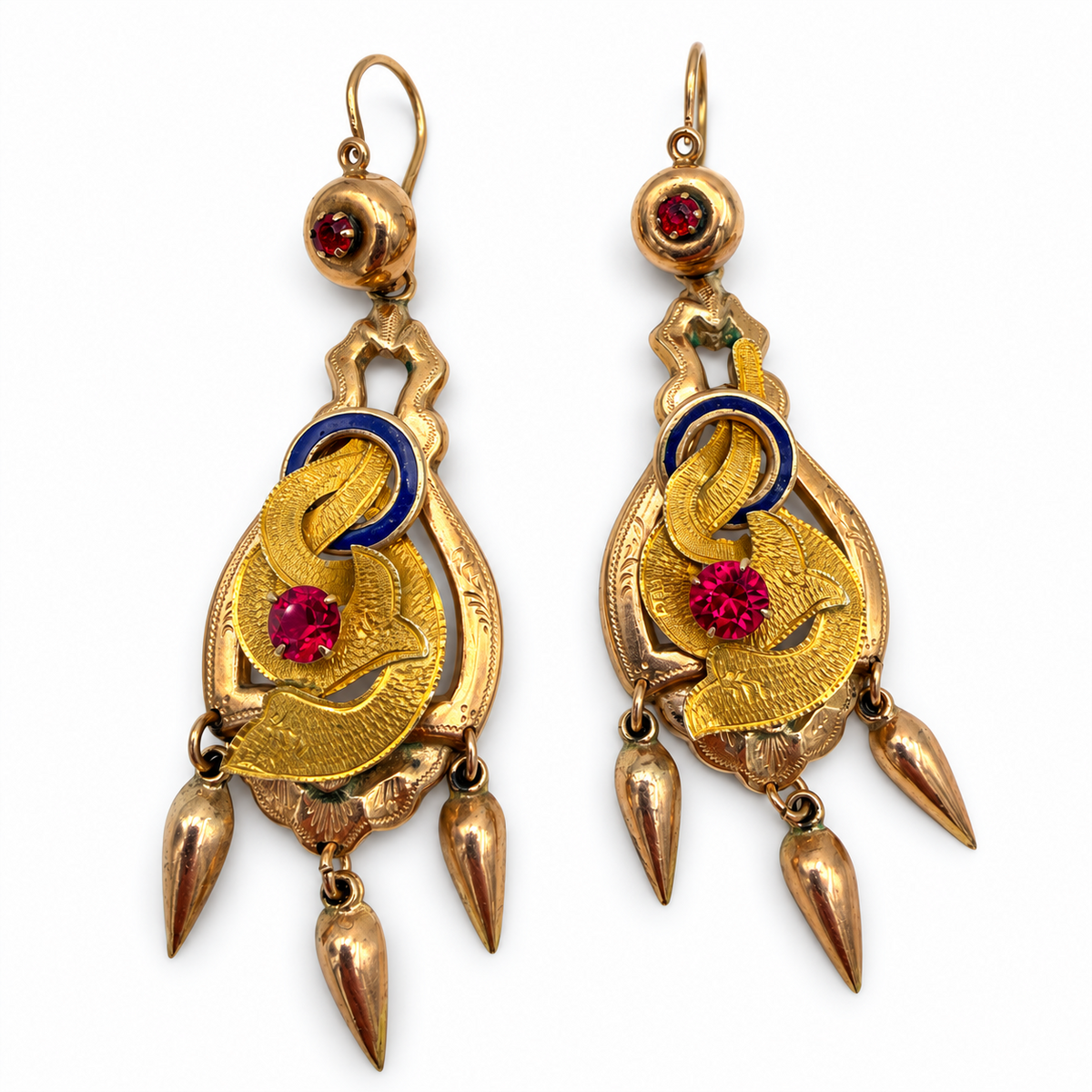 Orecchini borbonici lunghi in oro 6/7 kt con paste vitree rosse e punzoni