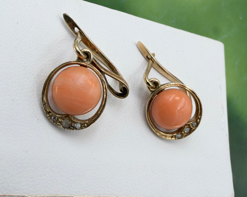 Orecchini antichi in oro rosso 6/7 kt con corallo rosato e diamanti, fine '800 – foto 8