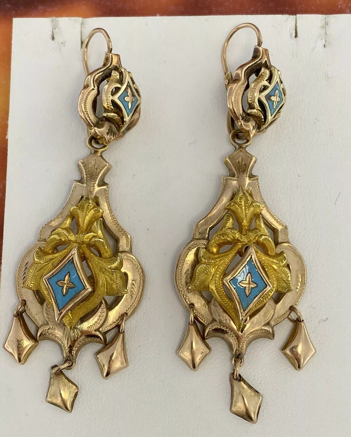 Orecchini borbonici in oro rosso 6/7 kt con smalti azzurri, '800 – foto 6